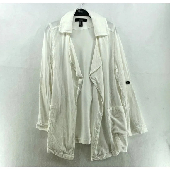 Forever 21 Sweaters - Forever21 Cardigan Womens Sz M White Ivory Open Front Roll Tab Sleeve Mid Length